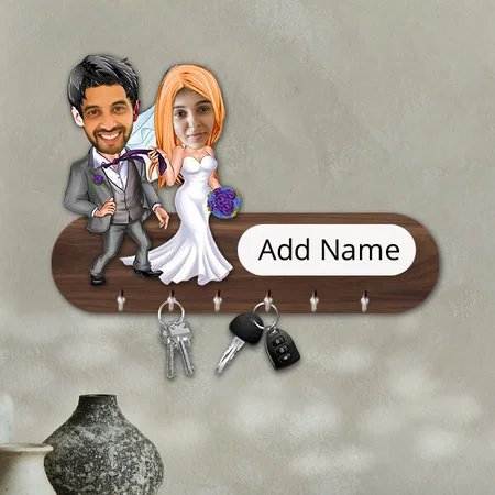 Just Married Couple Customized Photo Printed Caricature Key Holder - 11 x 7 Inches