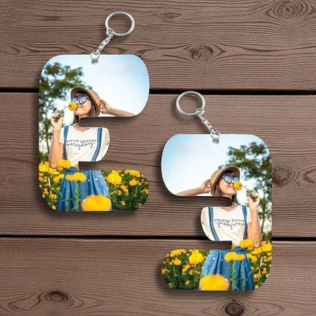 E Alphabet Shape Customized Photo Printed Keychain
