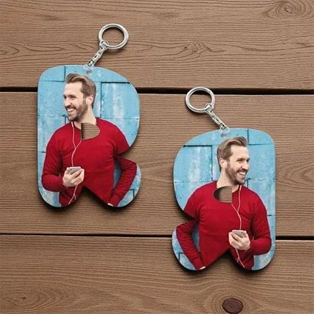 R Alphabet Shape Customized Photo Printed Keychain