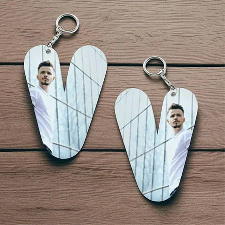 V Alphabet Shape Customized Photo Printed Keychain