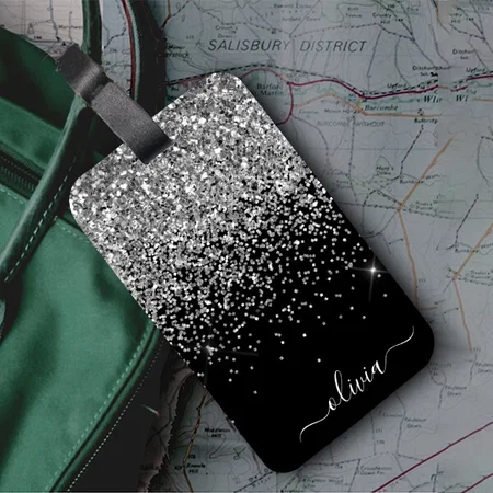Silver Black Glitter Sparkle Monogram Customized Vertical Bag Luggage Tag