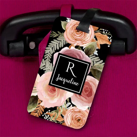 Black Boho Watercolor Floral Greenery Design Customized Vertical Bag Luggage Tag