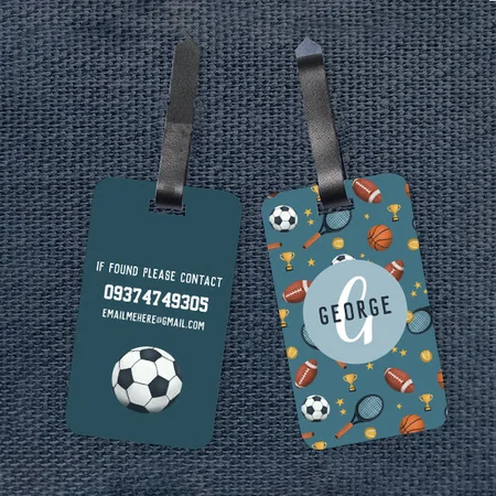 Boys Cute Blue Sports Monogram Design Customized Vertical Bag Luggage Tag