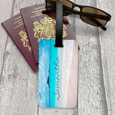 Blue Ocean & Sandy Beach Monogram Design Customized Vertical Bag Luggage Tag
