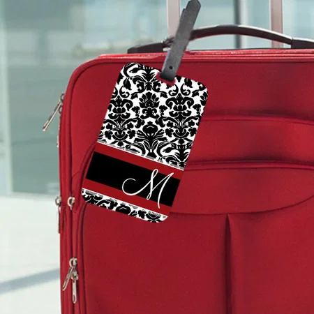 Red Black White Vintage Floral Monogram Customized Vertical Bag Luggage Tag