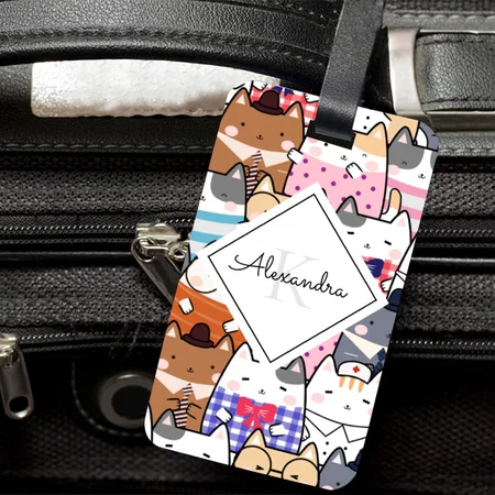 Funny Cartoonish Cats Kitten Pattern Monogram Customized Vertical Bag Luggage Tag