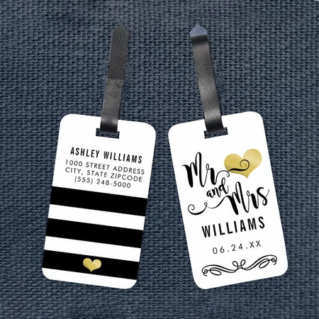 Mr and Mrs Monogram Black Gold Wedding Customized Vertical Bag Luggage Tag