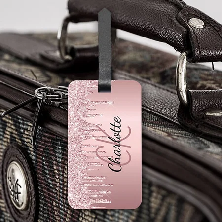 Blush Pink Glitter Drips Monogram Customized Vertical Bag Luggage Tag