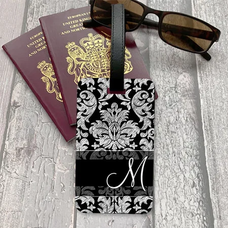 Vintage Floral Pattern with Monogram Black White Customized Vertical Bag Luggage Tag