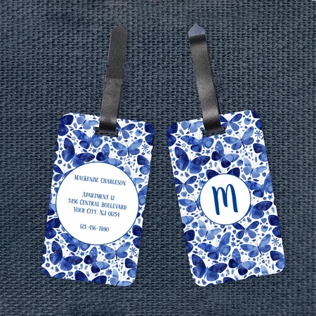 Butterfly Watercolor Blue Monogram Customized Vertical Bag Luggage Tag