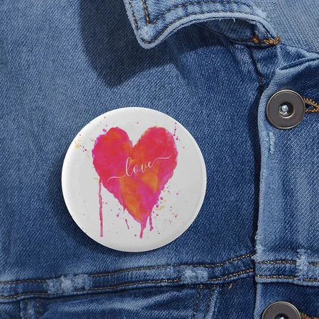 Trendy Watercolor Artsy Valentine's Day Heart Customized Photo Printed Button Badge