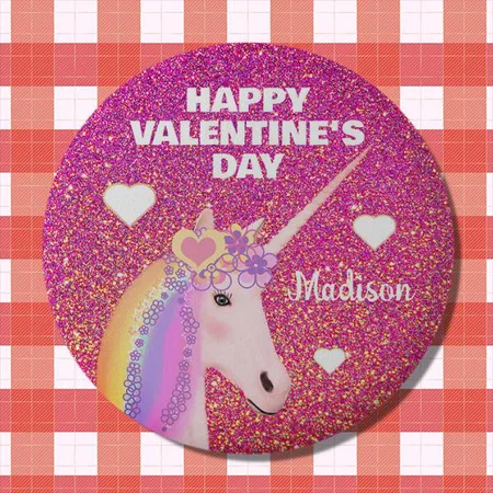 Valentines Day Unicorn Pink Glitter Customized Photo Printed Button Badge