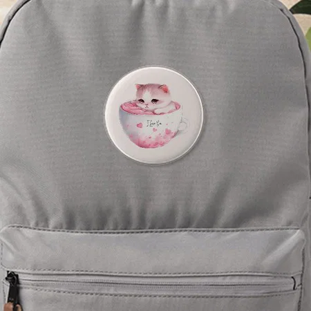Pink Chibi Cat With A Cute Cup Customized Photo Printed Button Badge