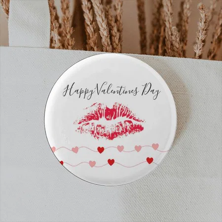 Cute Happy Valentines Day Kiss Red Pink Hearts Customized Photo Printed Button Badge