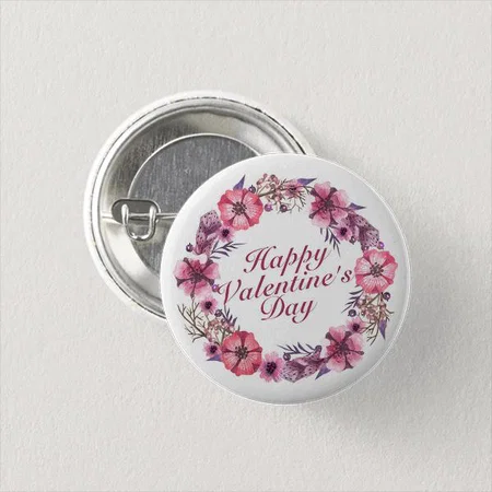 Elegant Valentine's Day Floral Wreath Customized Photo Printed Button Badge