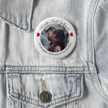 Couple Photo With Red Heart Design Customized Photo Printed Button Badge