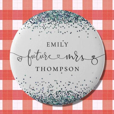 The Future Mrs Name Peacock Blue Glitter Design Customized Photo Printed Button Badge