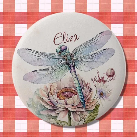 Watercolor Retro Dragonfly and Peony Flower Customized Photo Printed Button Badge