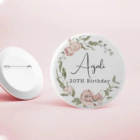 Dusty Pink Rose Floral Birthday Design Customized Photo Printed Button Badge