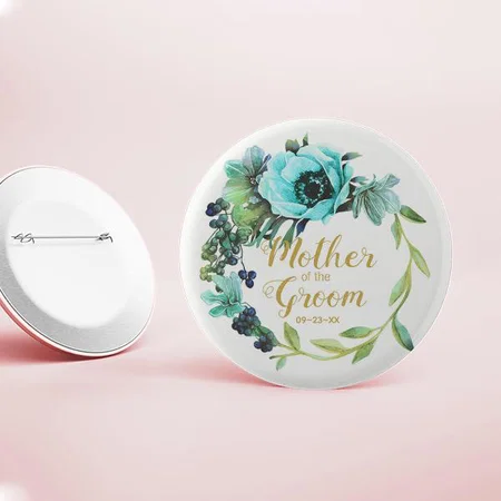 Teal Peony Wreath Floral Customized Photo Printed Button Badge
