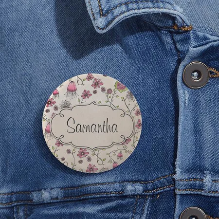 Elegant Pink Flowers with Frame Customized Photo Printed Button Badge