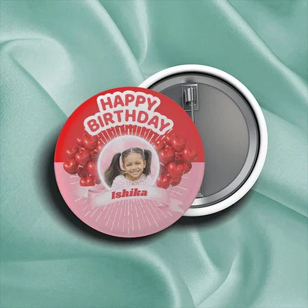 Happy Birthday Balloons Pink & Red Photo Customized Photo Printed Button Badge