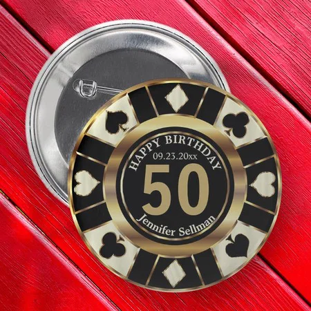 Casino Birthday Party Cream Gold and Black Customized Photo Printed Button Badge