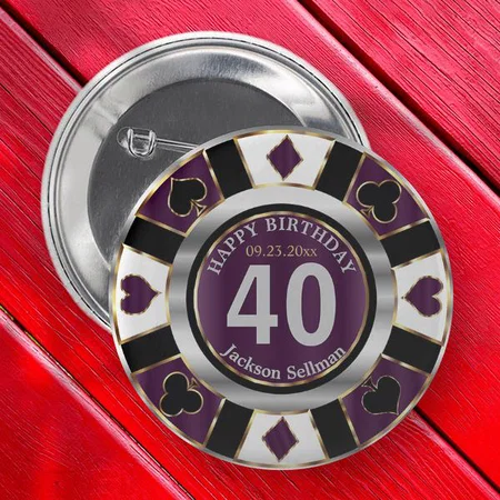 Happy Birthday Purple Color Casino Design Customized Photo Printed Button Badge