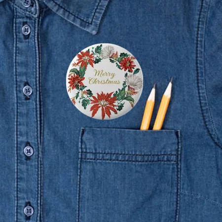 Festive Merry Christmas Flower Poinsettia Wreath Customized Photo Printed Button Badge