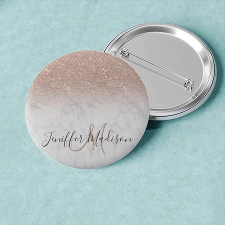 Pink Rose Gold Glitter White Marble Design Customized Photo Printed Button Badge