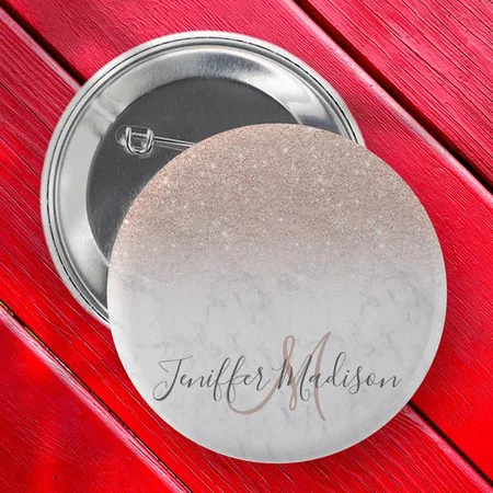 Pink Rose Gold Glitter White Marble Design Customized Photo Printed Button Badge