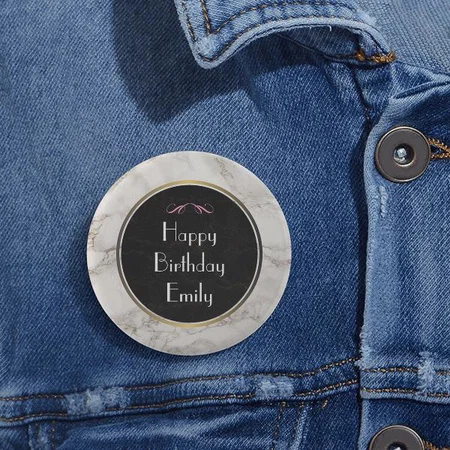 Happy Birthday Gold Strip Marble Customized Photo Printed Button Badge