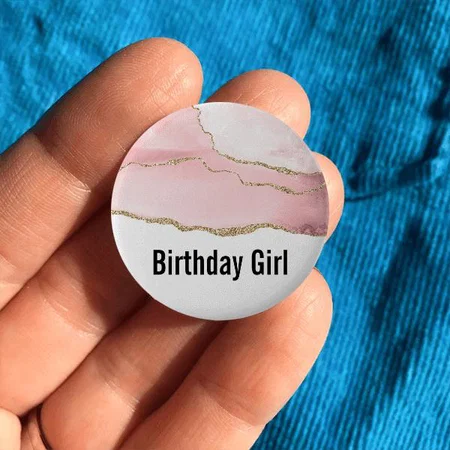 Pink Blush Agate with Gold Ribbon Birthday Customized Photo Printed Button Badge