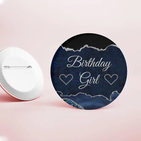 Blue & Silver Glitter Marble Agate Birthday Design Customized Photo Printed Button Badge
