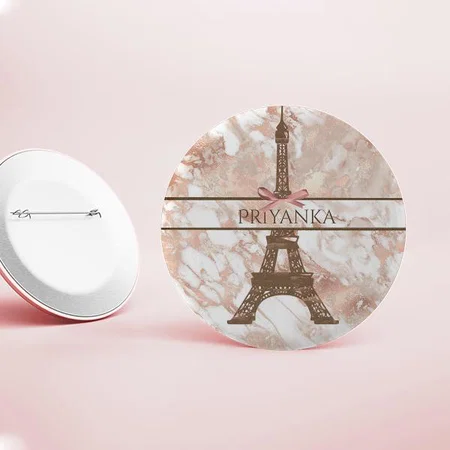 Eiffel Tower White, Rose Gold Marble Customized Photo Printed Button Badge
