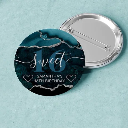 Silver Glitter Agate Marble Customized Photo Printed Button Badge