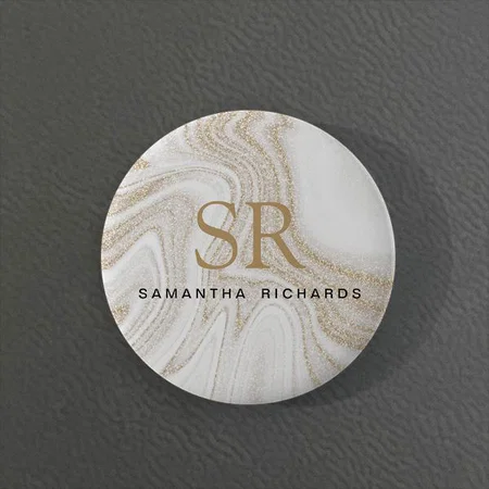 Modern Chic White Marble Gold Glitter Monogram Customized Photo Printed Button Badge