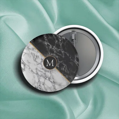 Trendy Black & White Marble Stone Monogram Customized Photo Printed Button Badge