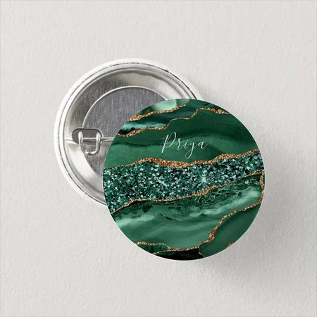 Green Gold Glitter Marble Monogram Customized Photo Printed Button Badge