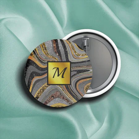 Chic Sparkle Glitter Marble Art Gray Gold Monogram Customized Photo Printed Button Badge