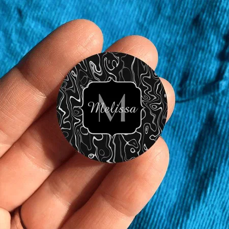 Black White Gray Abstract Swirls Monogram Customized Photo Printed Button Badge