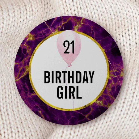 Modern Purple & Gold Abstract Marble Birthday Pink Baloon Customized Photo Printed Button Badge