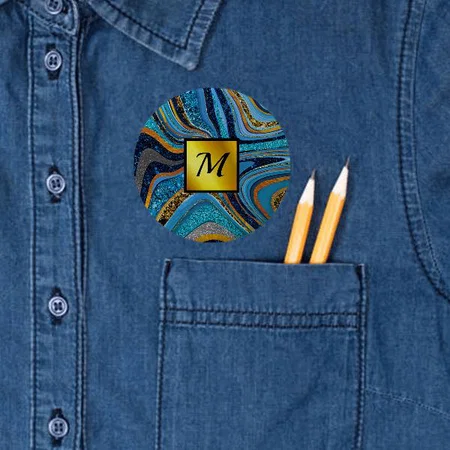 Chic Sparkle Glitter Marble Art Blue Gold Monogram  Customized Photo Printed Button Badge