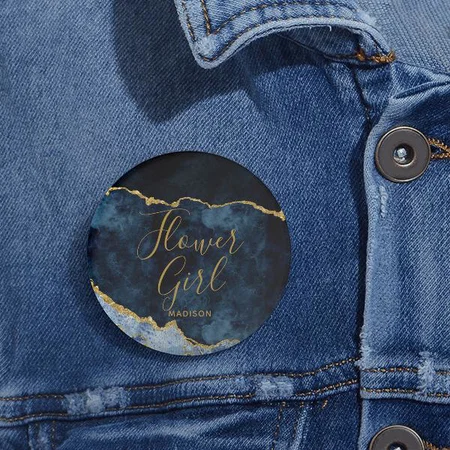 Navy Blue & Gold Marble Flower Customized Photo Printed Button Badge