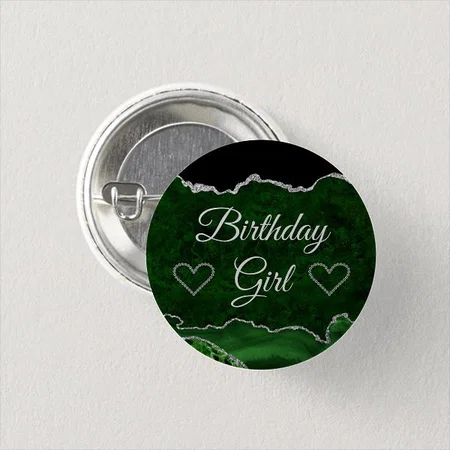 Green & Silver Glitter Marble Birthday Design Customized Photo Printed Button Badge