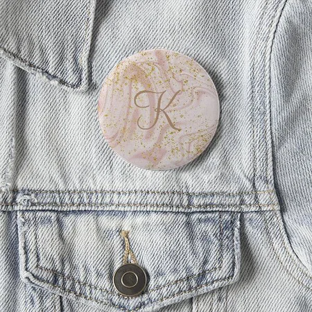 Monogram Pink and White Marble Swirl Gold Glitter Customized Photo Printed Button Badge