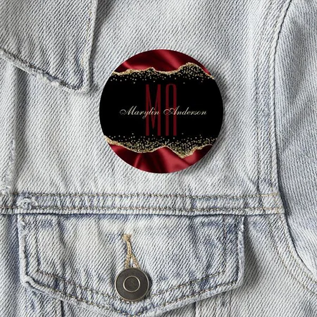 Red & Gold Shimmer Satin Borders Monogram Customized Photo Printed Button Badge