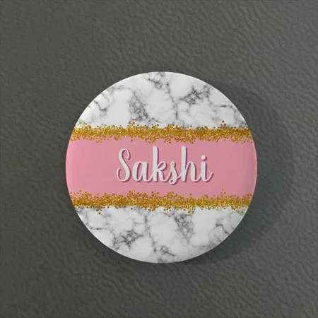 Marble Pattern on Pink with Gold Glitter Monogram Customized Photo Printed Button Badge