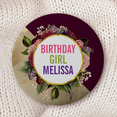 Burgundy Florals Marble Birthday Design Customized Photo Printed Button Badge