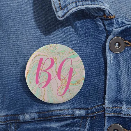 Pink Mint and Gold Marble Monogram Customized Photo Printed Button Badge